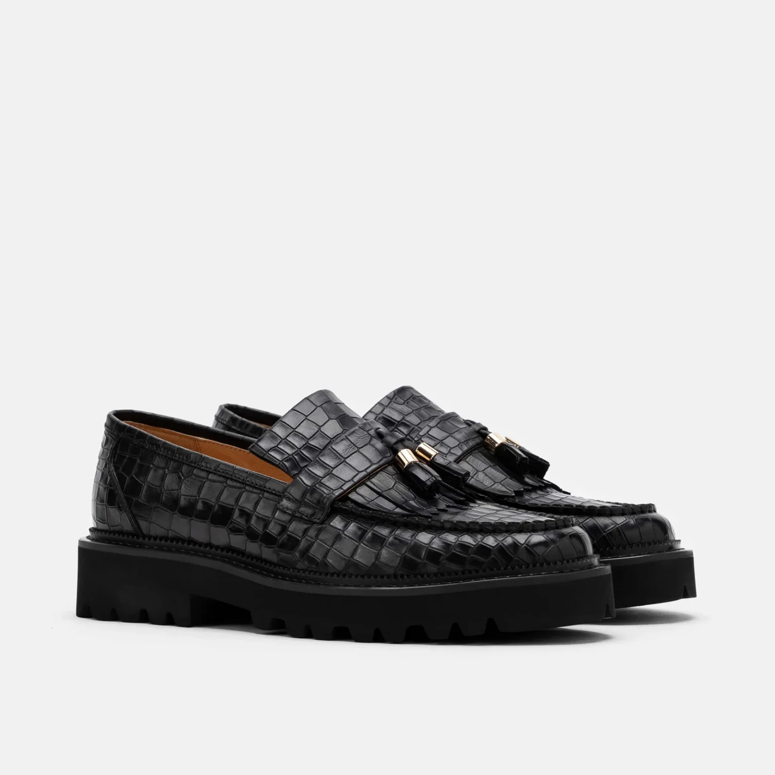 Customized Black Croc Leather Lug Tassel Loafer - Image 5