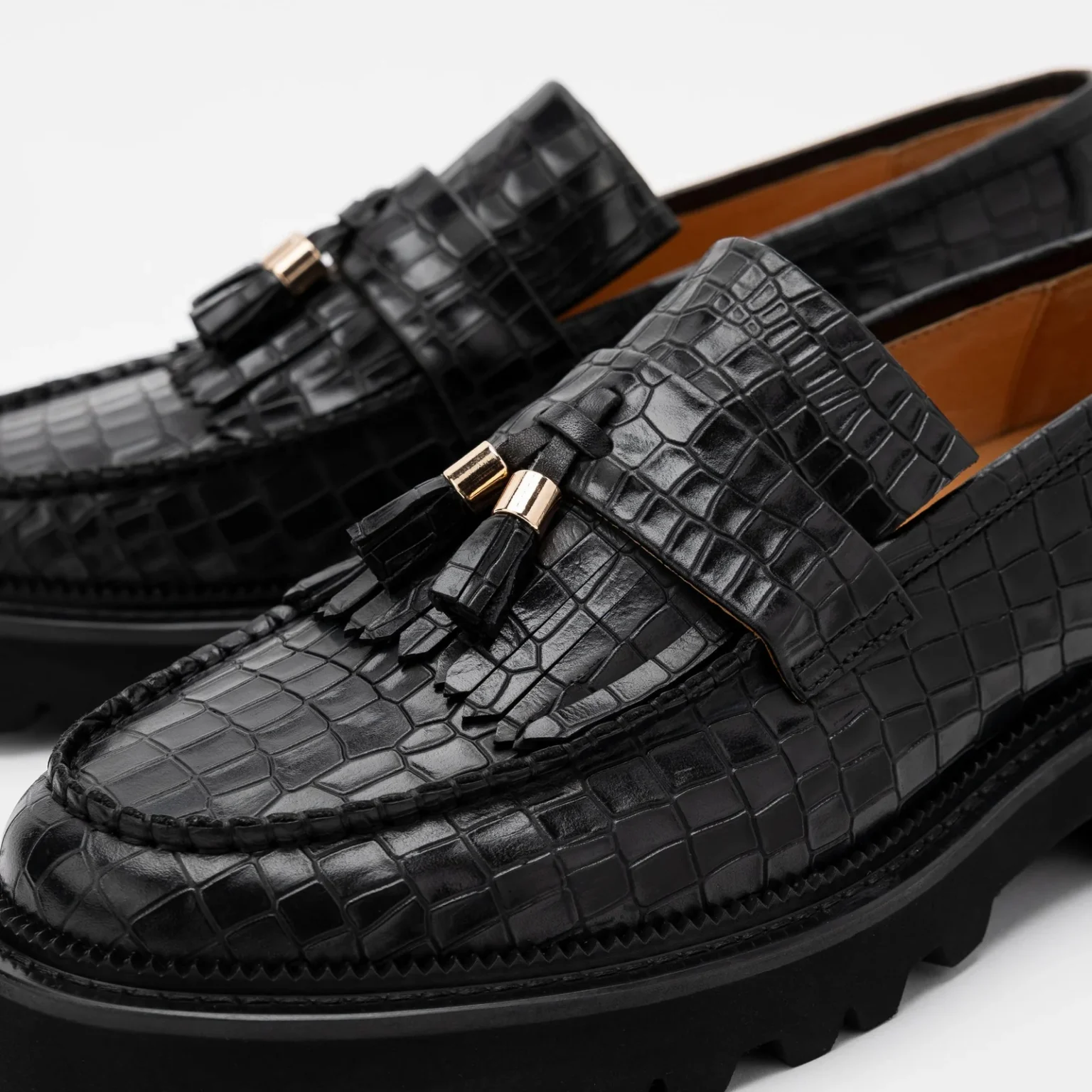 Customized Black Croc Leather Lug Tassel Loafer - Image 4