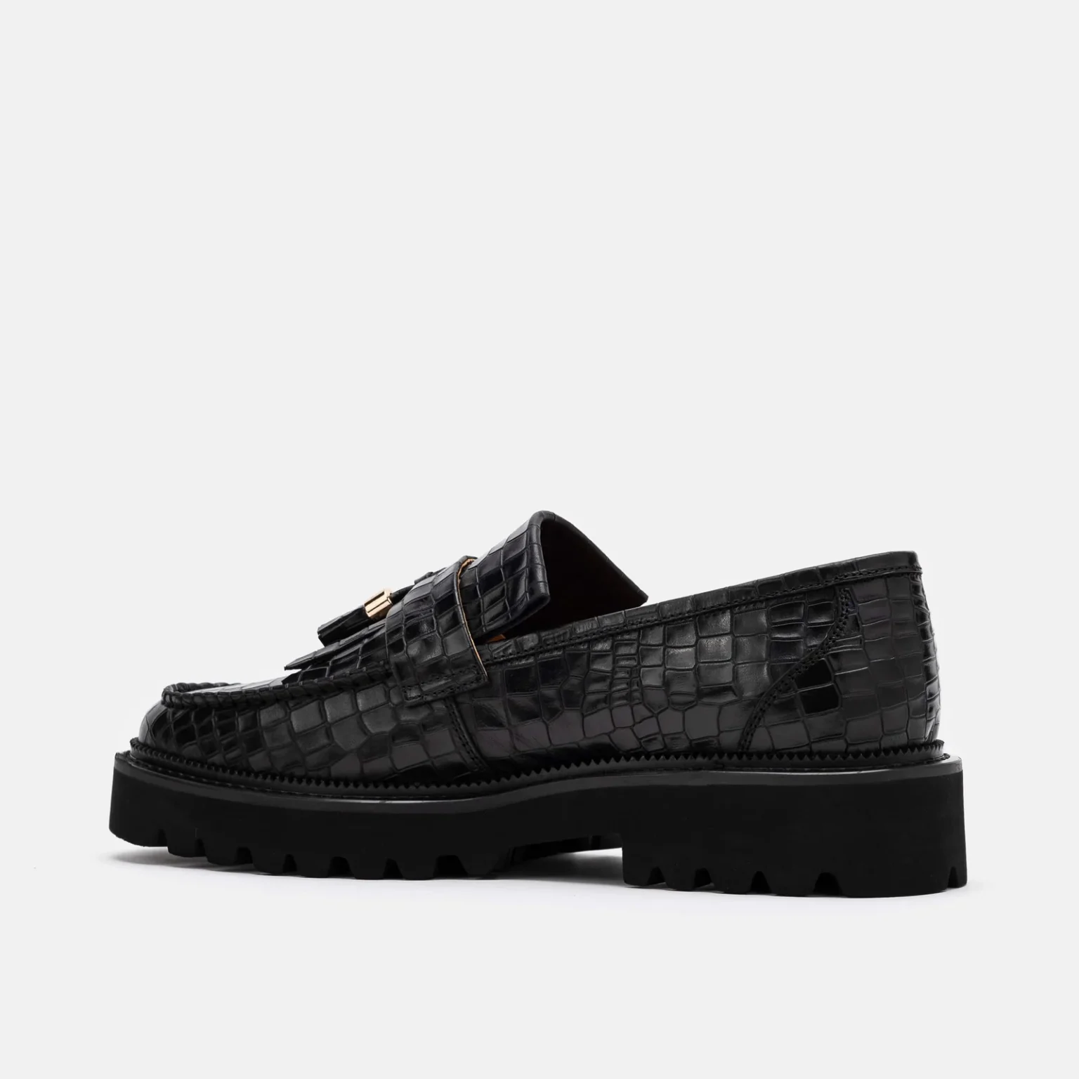 Customized Black Croc Leather Lug Tassel Loafer - Image 3